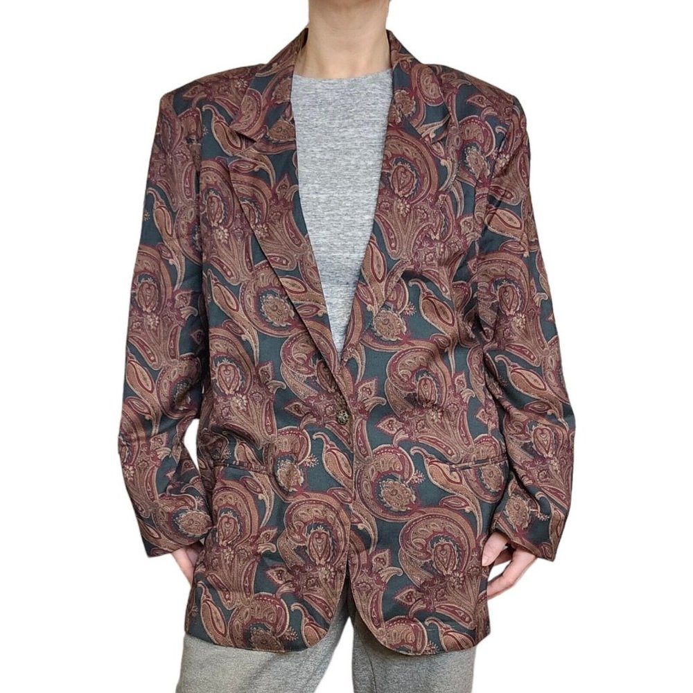VTG 80s 90s Womens XL Dark Green Maroon Paisley Evening Blazer One Button Thin